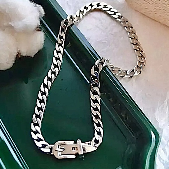 Belt Buckle Sterling Silver Cuban Chain Link Choker Necklace - Picture 7 of 10